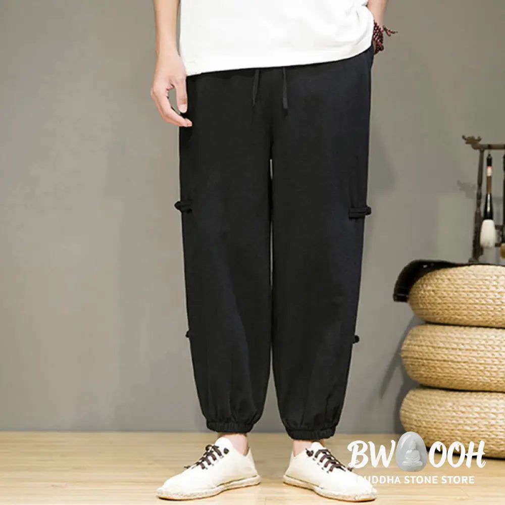 Buddha Stones Summer Vintage Drawstring Chinese Frog-Button Design Men’s Cotton Linen Harem Pants With Pockets - Men’s