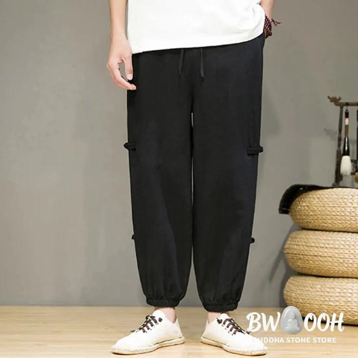 Buddha Stones Summer Vintage Drawstring Chinese Frog-Button Design Men’s Cotton Linen Harem Pants With Pockets - Men’s