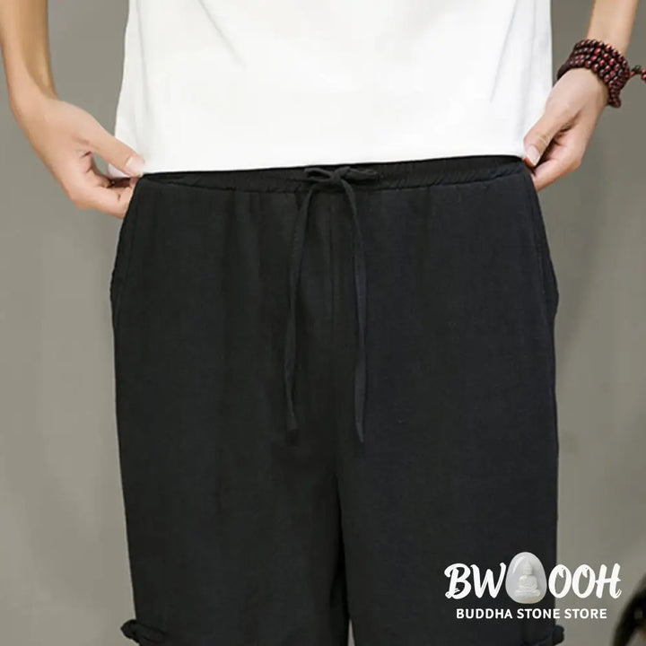 Buddha Stones Summer Vintage Drawstring Chinese Frog-Button Design Men’s Cotton Linen Harem Pants With Pockets - Men’s