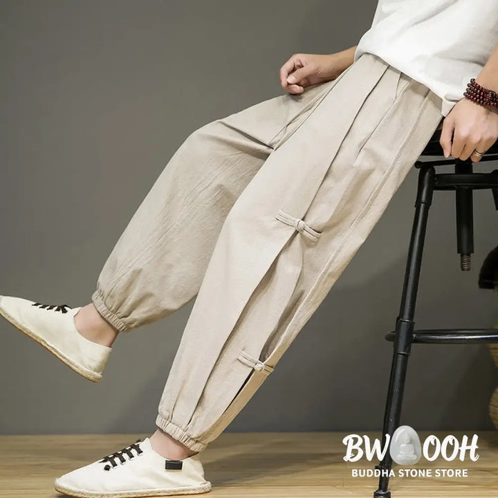 Buddha Stones Summer Vintage Drawstring Chinese Frog-Button Design Men’s Cotton Linen Harem Pants With Pockets - Men’s