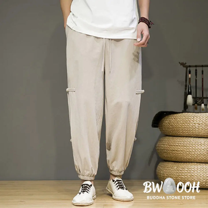 Buddha Stones Summer Vintage Drawstring Chinese Frog-Button Design Men’s Cotton Linen Harem Pants With Pockets - Men’s