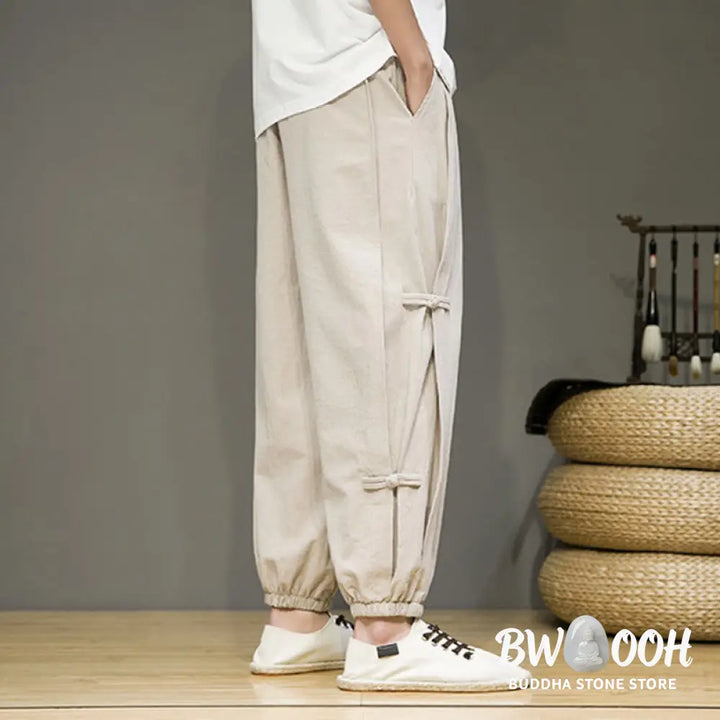 Buddha Stones Summer Vintage Drawstring Chinese Frog-Button Design Men’s Cotton Linen Harem Pants With Pockets - Men’s