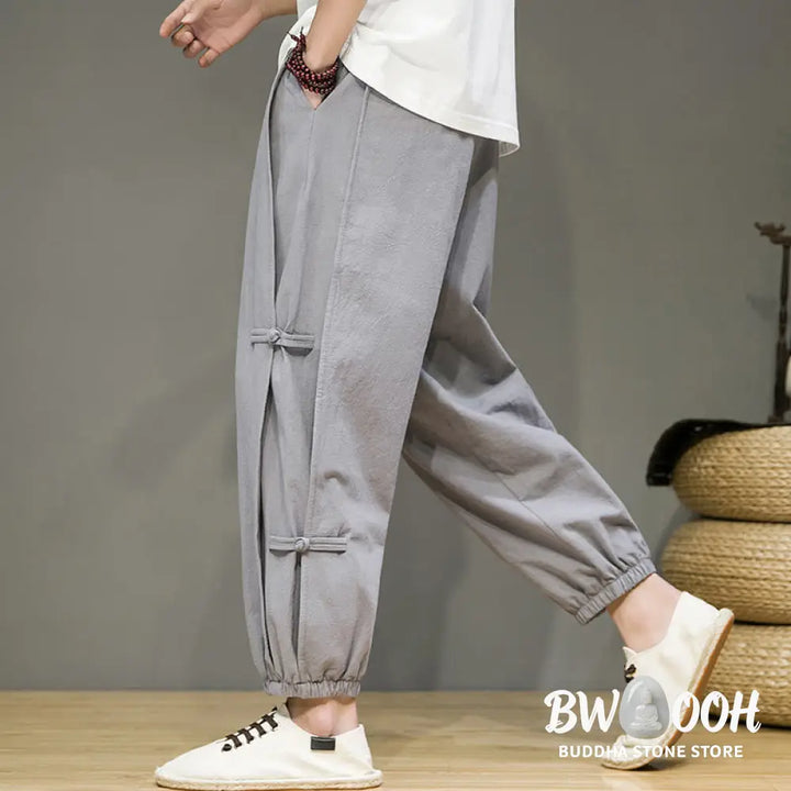 Buddha Stones Summer Vintage Drawstring Chinese Frog-Button Design Men’s Cotton Linen Harem Pants With Pockets - Men’s