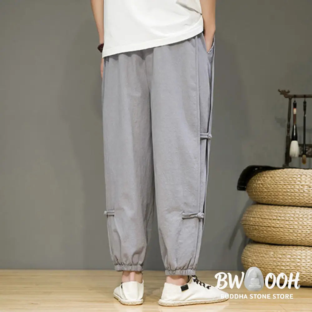 Buddha Stones Summer Vintage Drawstring Chinese Frog-Button Design Men’s Cotton Linen Harem Pants With Pockets - Men’s