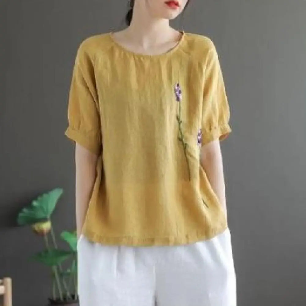 Buddha Stones Summer Vintage Embroidered Flower Pattern Women’s Crew Neck Design Cotton Linen T-Shirt - Khaki