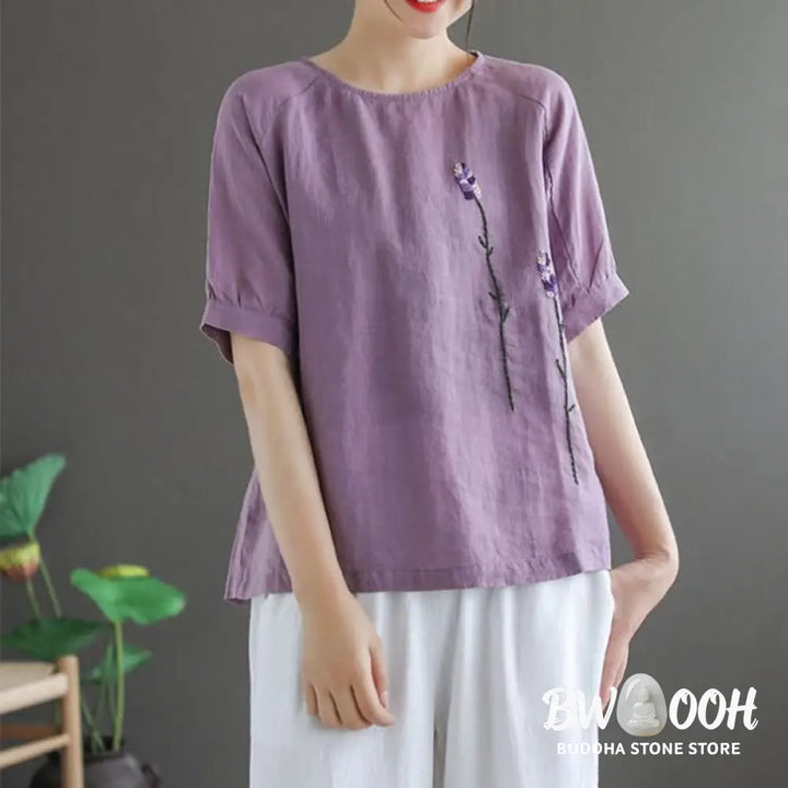 Buddha Stones Summer Vintage Embroidered Flower Pattern Women’s Crew Neck Design Cotton Linen T-Shirt - Women’s T-Shirts
