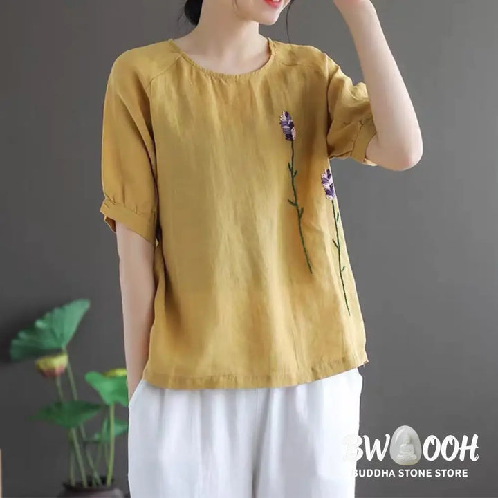 Buddha Stones Summer Vintage Embroidered Flower Pattern Women’s Crew Neck Design Cotton Linen T-Shirt - Women’s T-Shirts