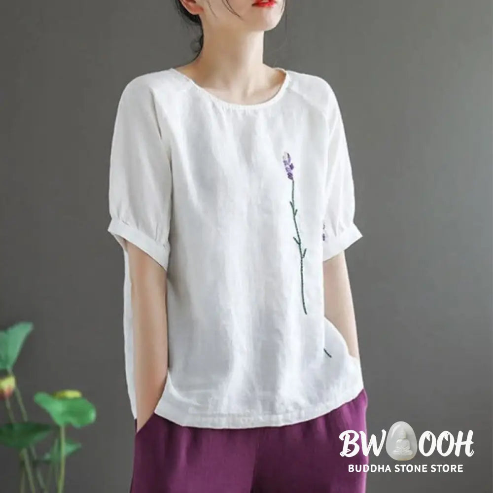 Buddha Stones Summer Vintage Embroidered Flower Pattern Women’s Crew Neck Design Cotton Linen T-Shirt - Women’s T-Shirts
