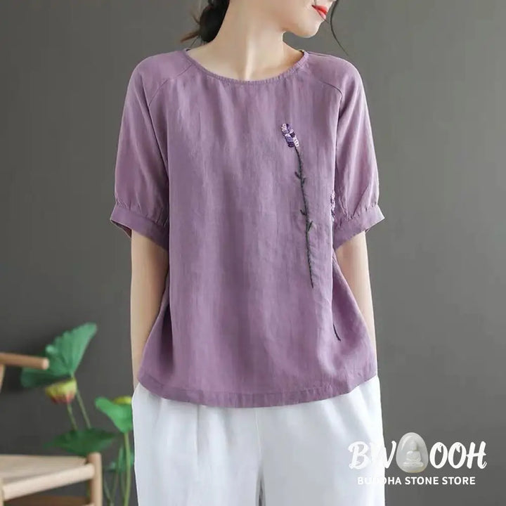 Buddha Stones Summer Vintage Embroidered Flower Pattern Women’s Crew Neck Design Cotton Linen T-Shirt - Women’s T-Shirts
