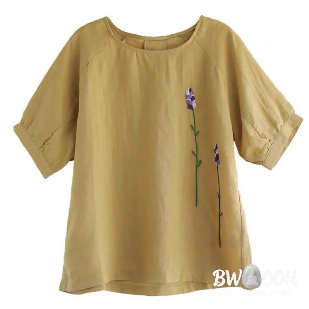 Buddha Stones Summer Vintage Embroidered Flower Pattern Women’s Crew Neck Design Cotton Linen T-Shirt - Women’s T-Shirts