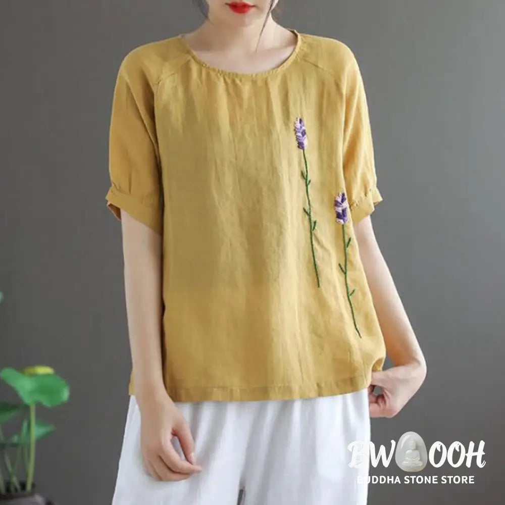 Buddha Stones Summer Vintage Embroidered Flower Pattern Women’s Crew Neck Design Cotton Linen T-Shirt - Women’s T-Shirts