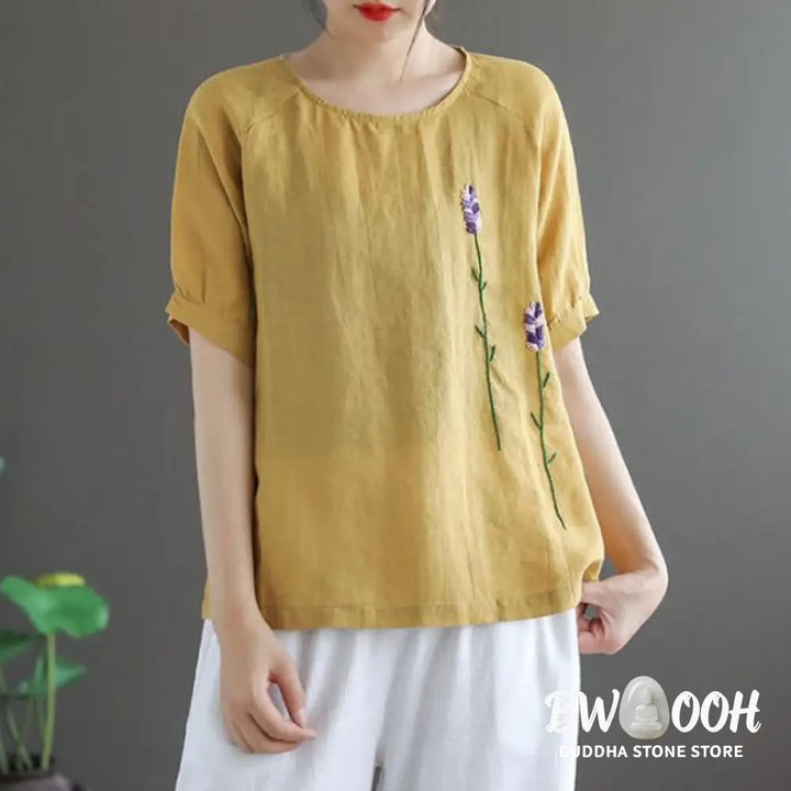 Buddha Stones Summer Vintage Embroidered Flower Pattern Women’s Crew Neck Design Cotton Linen T-Shirt - Women’s T-Shirts
