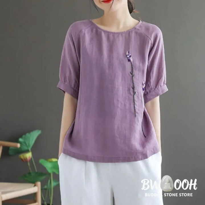 Buddha Stones Summer Vintage Embroidered Flower Pattern Women’s Crew Neck Design Cotton Linen T-Shirt - Women’s T-Shirts