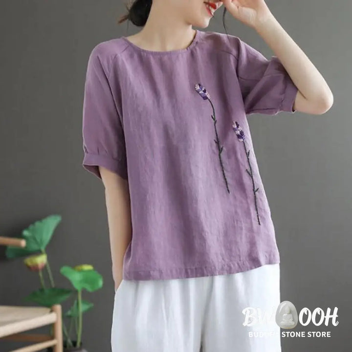 Buddha Stones Summer Vintage Embroidered Flower Pattern Women’s Crew Neck Design Cotton Linen T-Shirt - Women’s T-Shirts