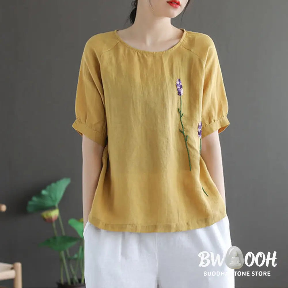 Buddha Stones Summer Vintage Embroidered Flower Pattern Women’s Crew Neck Design Cotton Linen T-Shirt - Women’s T-Shirts