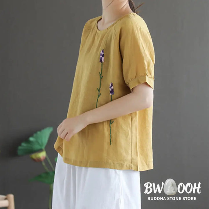 Buddha Stones Summer Vintage Embroidered Flower Pattern Women’s Crew Neck Design Cotton Linen T-Shirt - Women’s T-Shirts