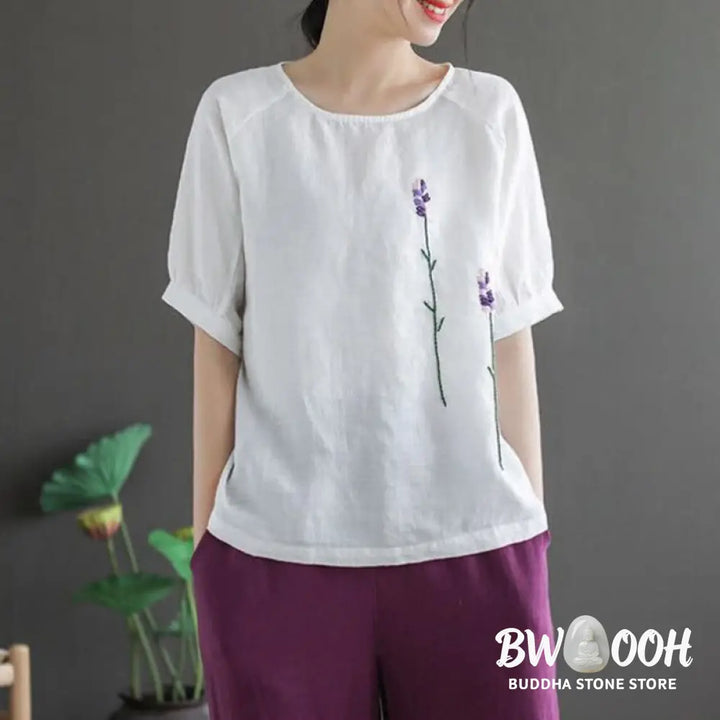Buddha Stones Summer Vintage Embroidered Flower Pattern Women’s Crew Neck Design Cotton Linen T-Shirt - Women’s T-Shirts