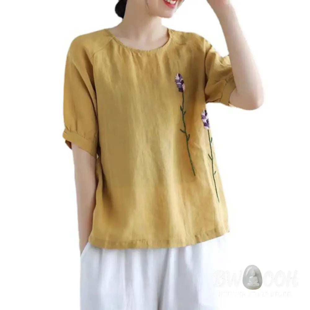 Buddha Stones Summer Vintage Embroidered Flower Pattern Women’s Crew Neck Design Cotton Linen T-Shirt - Women’s T-Shirts