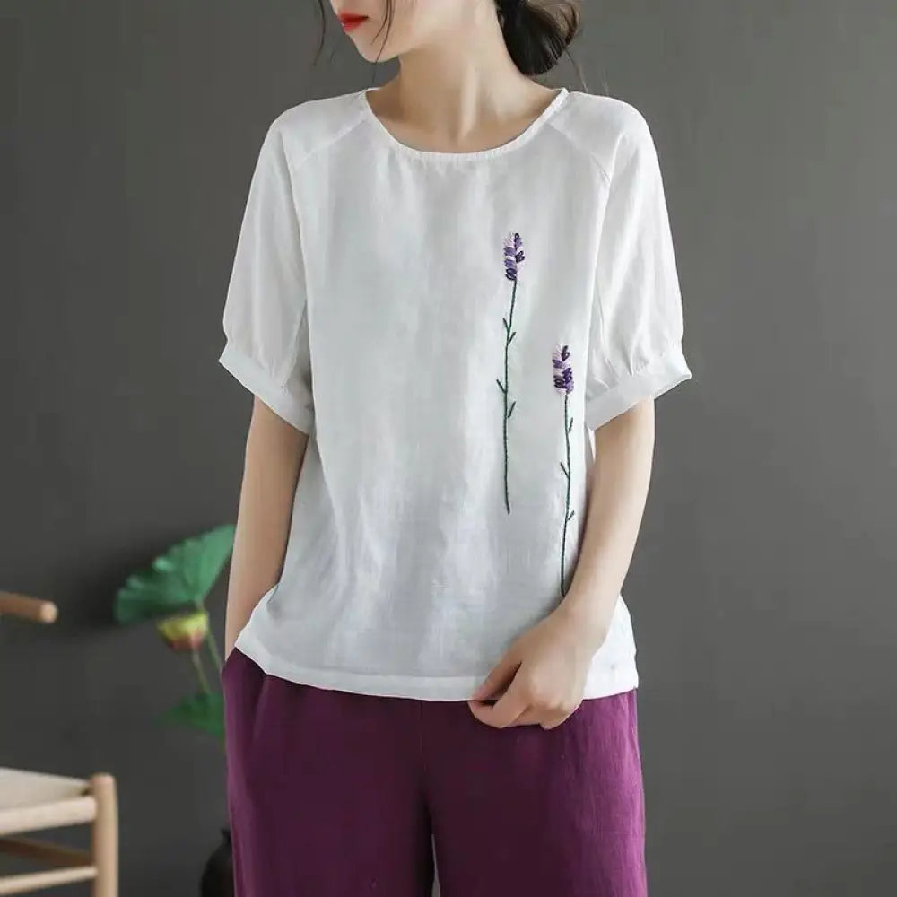 Buddha Stones Summer Vintage Embroidered Flower Pattern Women’s Crew Neck Design Cotton Linen T-Shirt - White