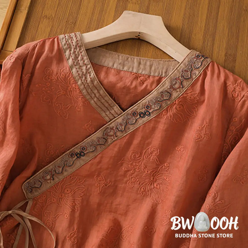 Buddha Stones Summer Vintage Embroidery Plant Floral Lace-Up Design V-Neck Women’s Cotton Linen Shirt - Women’s Shirts