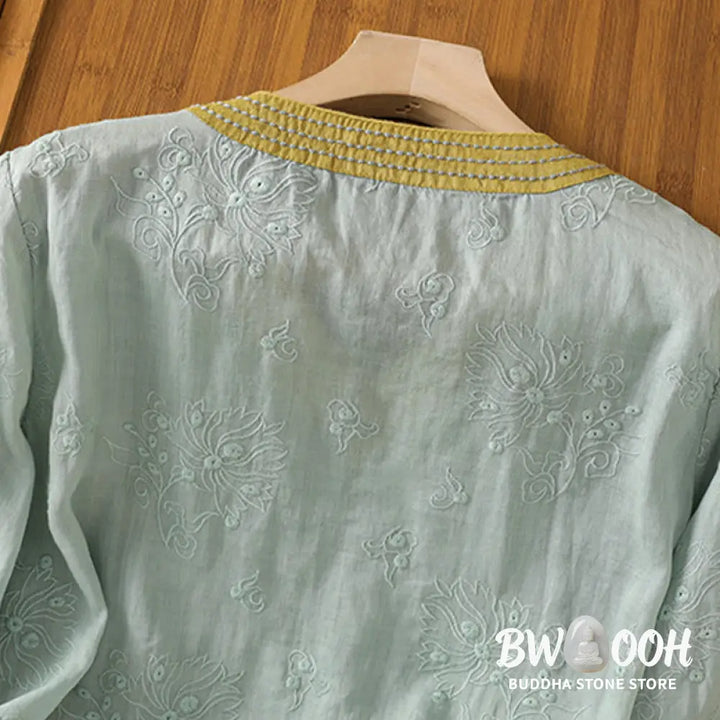 Buddha Stones Summer Vintage Embroidery Plant Floral Lace-Up Design V-Neck Women’s Cotton Linen Shirt - Women’s Shirts