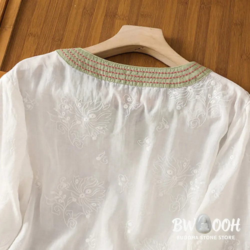 Buddha Stones Summer Vintage Embroidery Plant Floral Lace-Up Design V-Neck Women’s Cotton Linen Shirt - Women’s Shirts