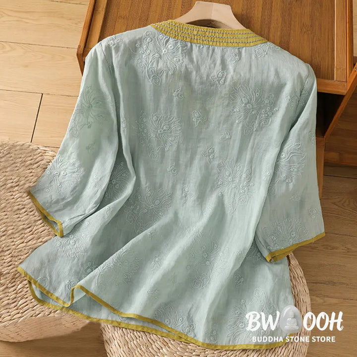 Buddha Stones Summer Vintage Embroidery Plant Floral Lace-Up Design V-Neck Women’s Cotton Linen Shirt - Women’s Shirts
