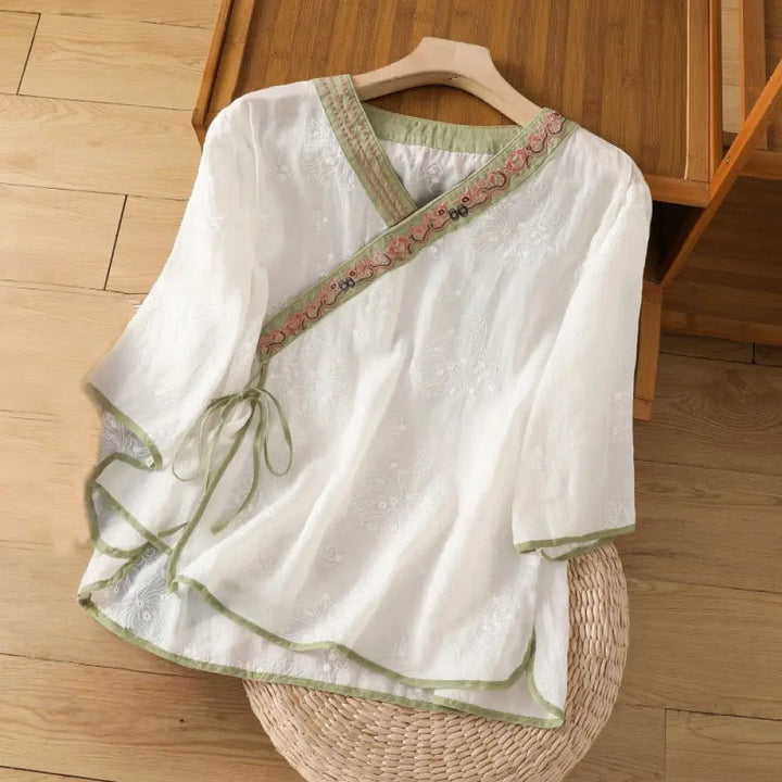 Buddha Stones Summer Vintage Embroidery Plant Floral Lace-Up Design V-Neck Women’s Cotton Linen Shirt - White