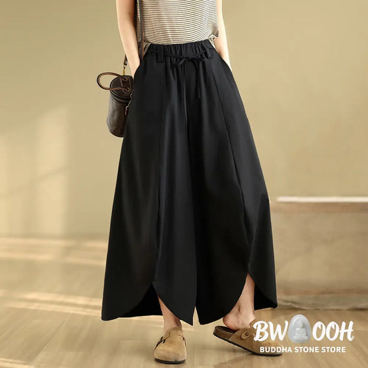 Buddha Stones Summer Vintage Lace-Up Women’s Wide Leg Split Pants With Pockets - Women’s Wide Leg Pants