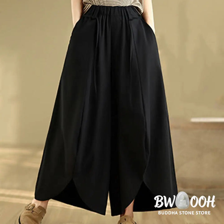 Buddha Stones Summer Vintage Lace-Up Women’s Wide Leg Split Pants With Pockets - Women’s Wide Leg Pants