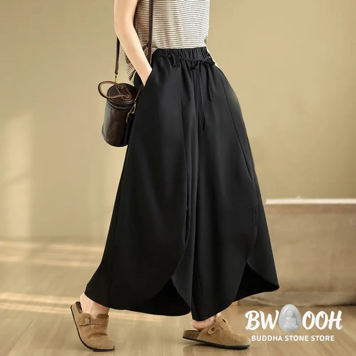 Buddha Stones Summer Vintage Lace-Up Women’s Wide Leg Split Pants With Pockets - Women’s Wide Leg Pants