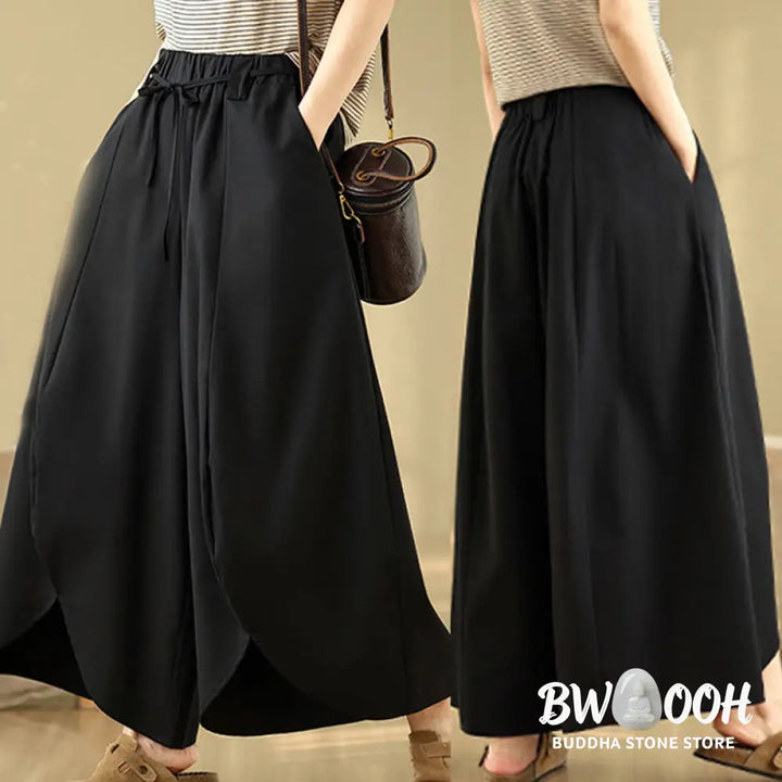 Buddha Stones Summer Vintage Lace-Up Women’s Wide Leg Split Pants With Pockets - Women’s Wide Leg Pants