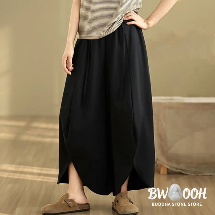 Buddha Stones Summer Vintage Lace-Up Women’s Wide Leg Split Pants With Pockets - Women’s Wide Leg Pants