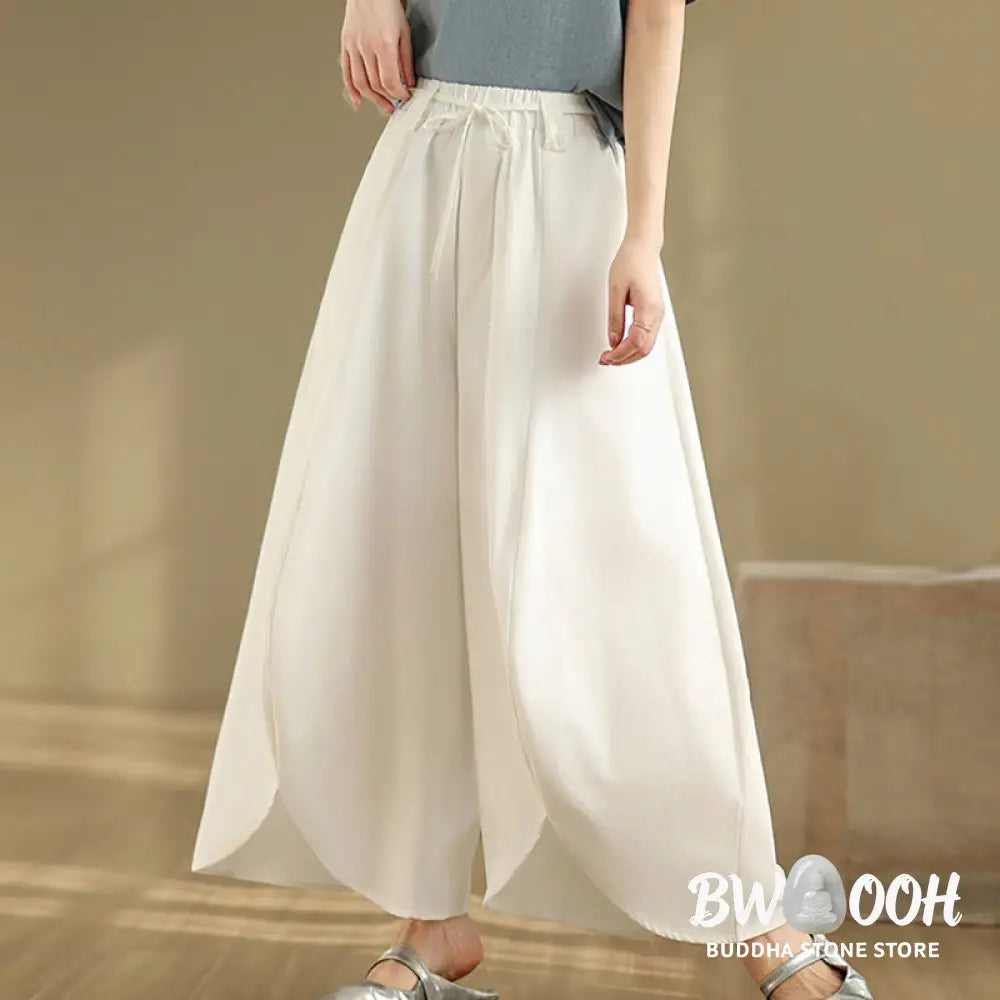 Buddha Stones Summer Vintage Lace-Up Women’s Wide Leg Split Pants With Pockets - Women’s Wide Leg Pants