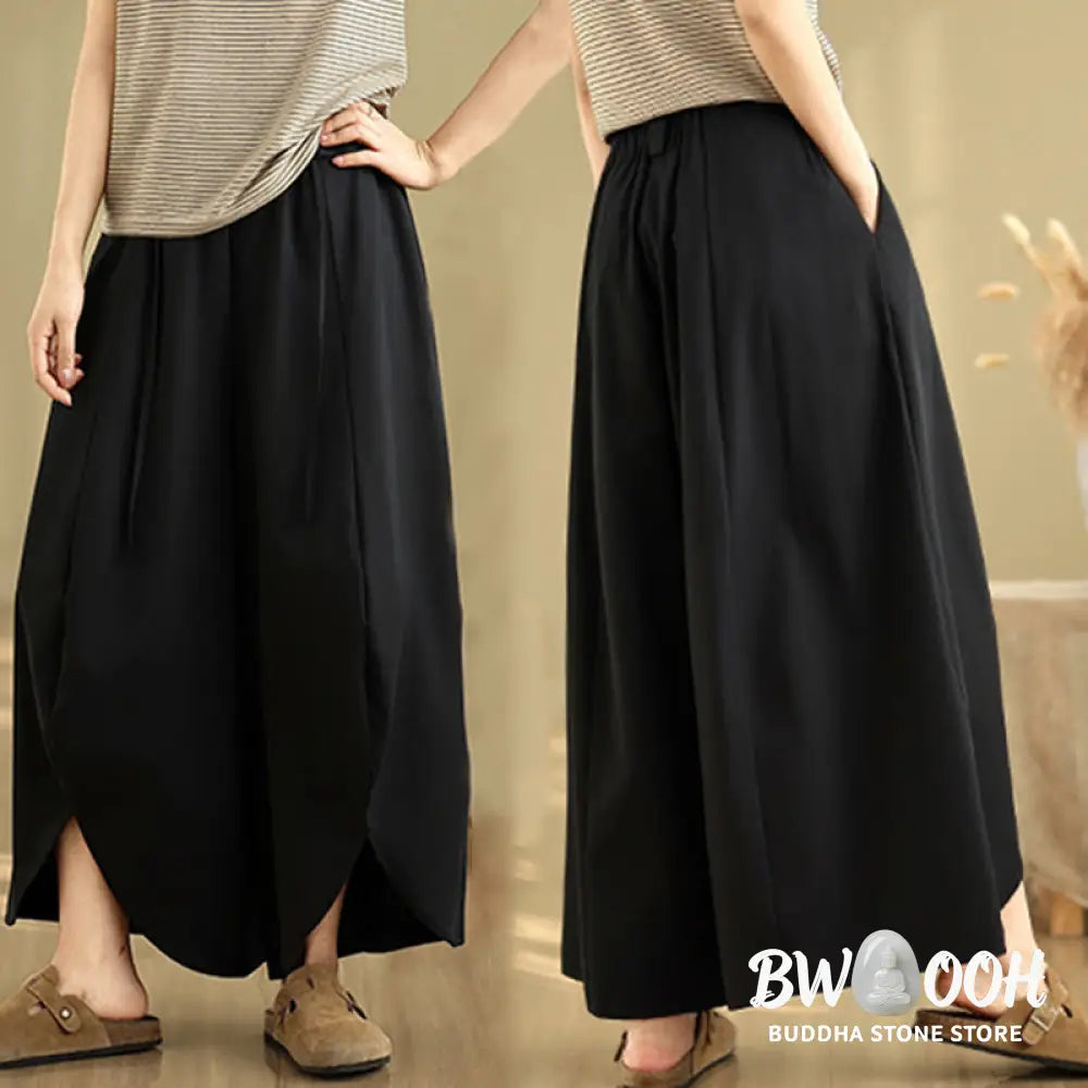 Buddha Stones Summer Vintage Lace-Up Women’s Wide Leg Split Pants With Pockets - Women’s Wide Leg Pants