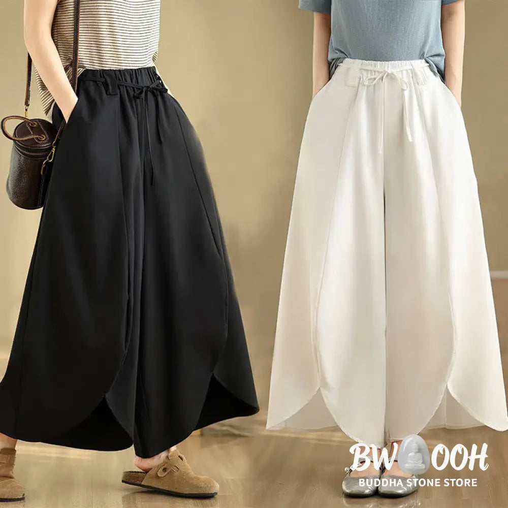 Buddha Stones Summer Vintage Lace-Up Women’s Wide Leg Split Pants With Pockets - Women’s Wide Leg Pants