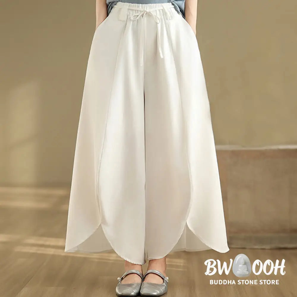 Buddha Stones Summer Vintage Lace-Up Women’s Wide Leg Split Pants With Pockets - Women’s Wide Leg Pants