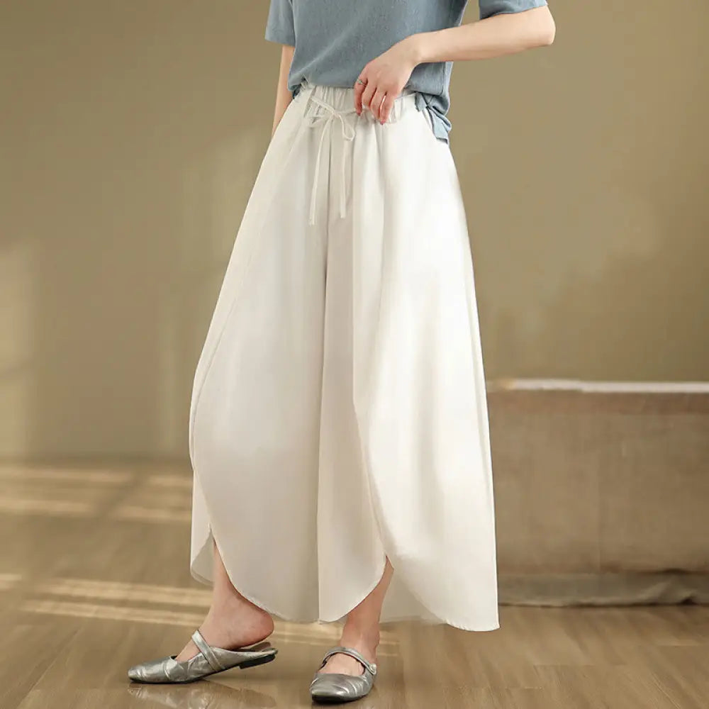 Buddha Stones Summer Vintage Lace-Up Women’s Wide Leg Split Pants With Pockets - White / US4，UK/AU8，EU36 (L) - Women’s