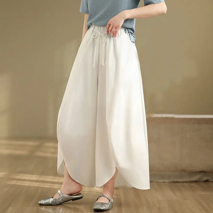 Buddha Stones Summer Vintage Lace-Up Women’s Wide Leg Split Pants With Pockets - White / US4，UK/AU8，EU36 (L) - Women’s
