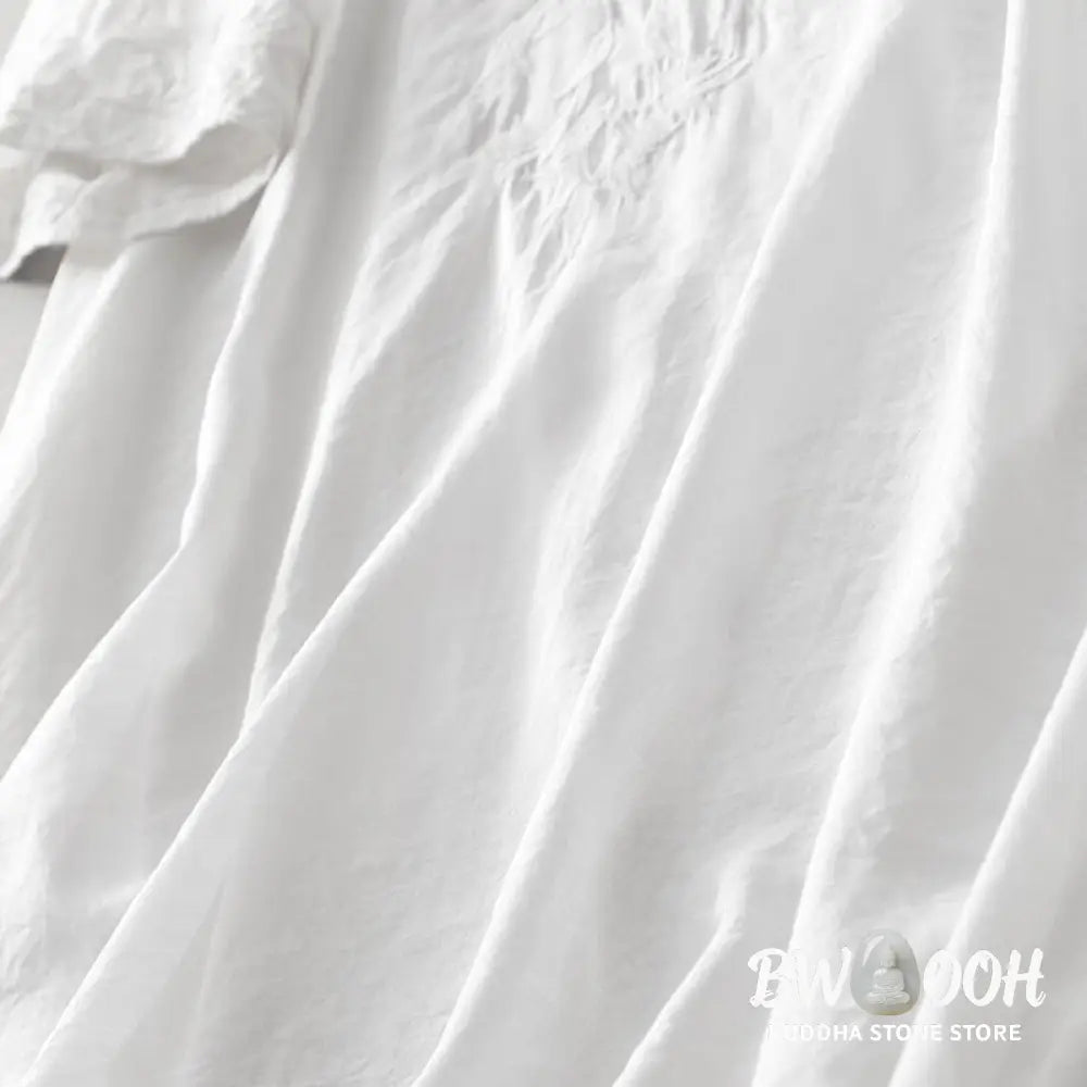 Buddha Stones Summer White Pure Color Embroidery Leaf Flower V-Neck Short Sleeve Midi Dress With Pockets - Midi Dress