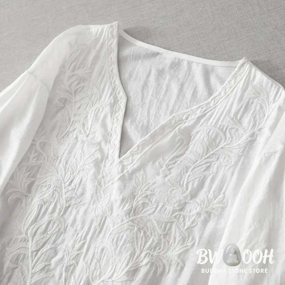 Buddha Stones Summer White Pure Color Embroidery Leaf Flower V-Neck Short Sleeve Midi Dress With Pockets - Midi Dress