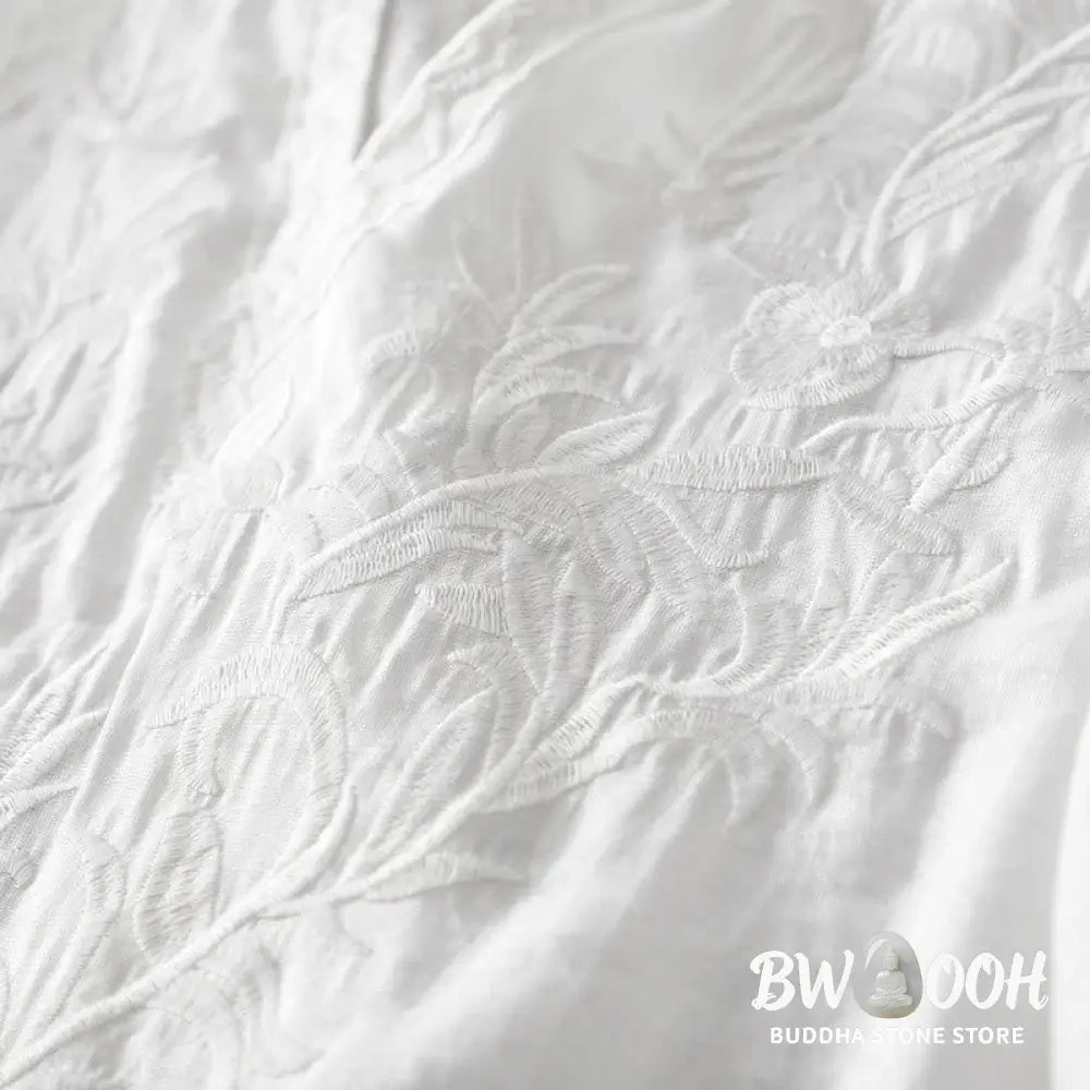 Buddha Stones Summer White Pure Color Embroidery Leaf Flower V-Neck Short Sleeve Midi Dress With Pockets - Midi Dress
