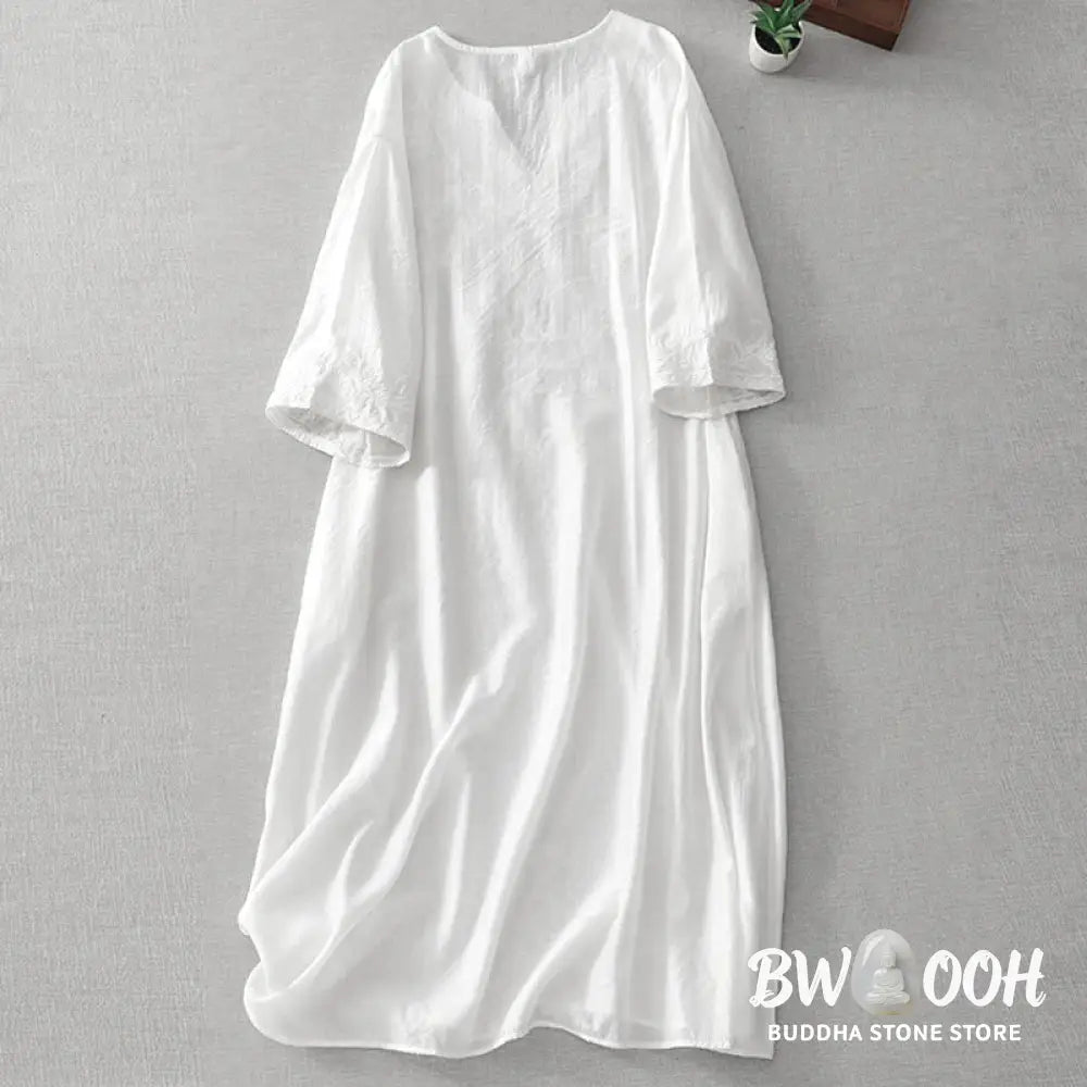 Buddha Stones Summer White Pure Color Embroidery Leaf Flower V-Neck Short Sleeve Midi Dress With Pockets - Midi Dress