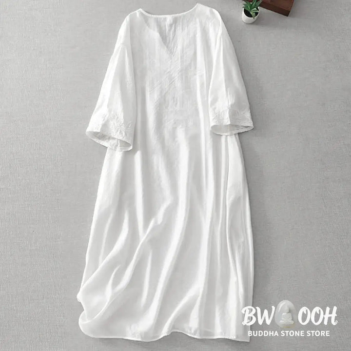 Buddha Stones Summer White Pure Color Embroidery Leaf Flower V-Neck Short Sleeve Midi Dress With Pockets - Midi Dress