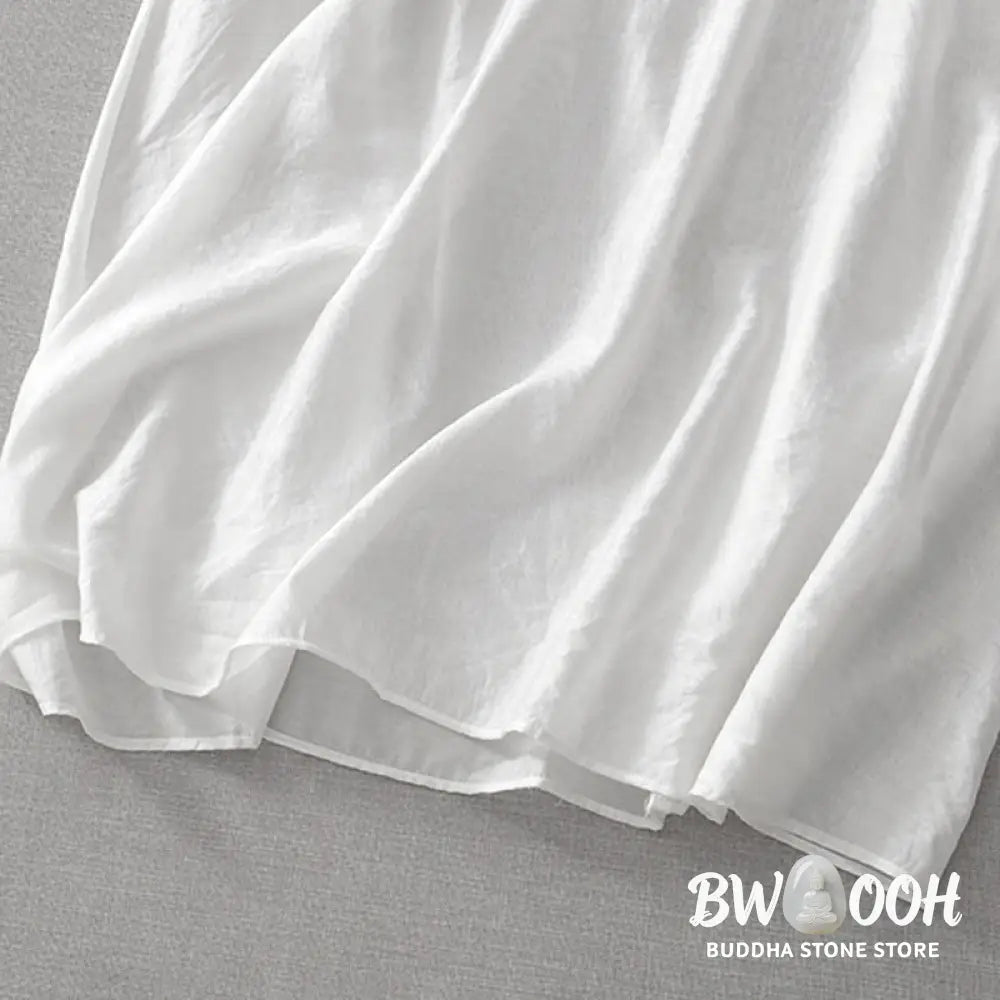 Buddha Stones Summer White Pure Color Embroidery Leaf Flower V-Neck Short Sleeve Midi Dress With Pockets - Midi Dress