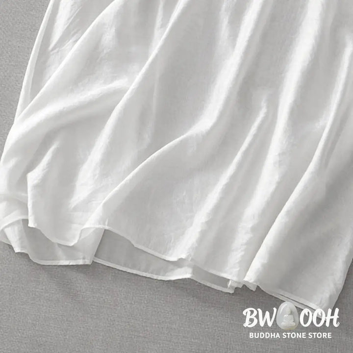Buddha Stones Summer White Pure Color Embroidery Leaf Flower V-Neck Short Sleeve Midi Dress With Pockets - Midi Dress