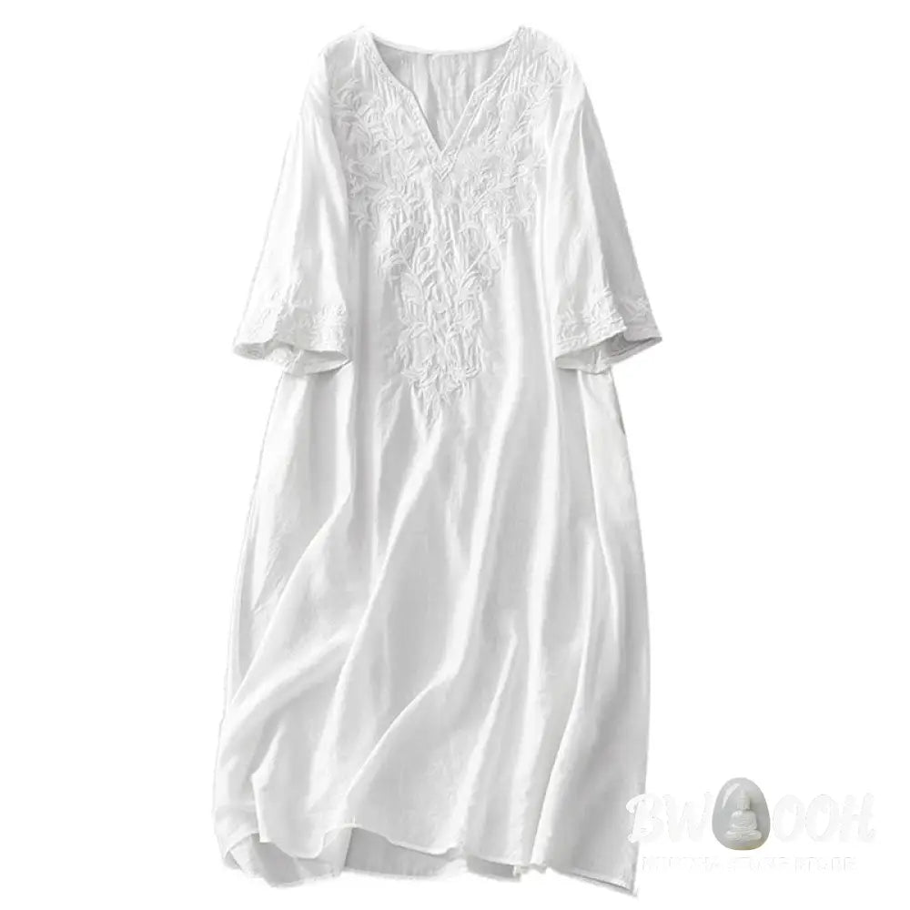 Buddha Stones Summer White Pure Color Embroidery Leaf Flower V-Neck Short Sleeve Midi Dress With Pockets - Midi Dress