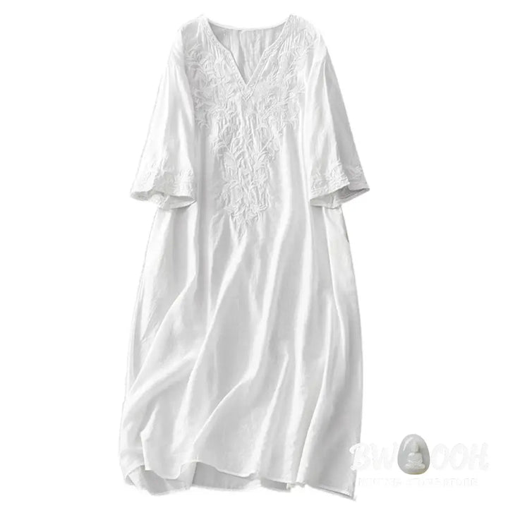 Buddha Stones Summer White Pure Color Embroidery Leaf Flower V-Neck Short Sleeve Midi Dress With Pockets - Midi Dress