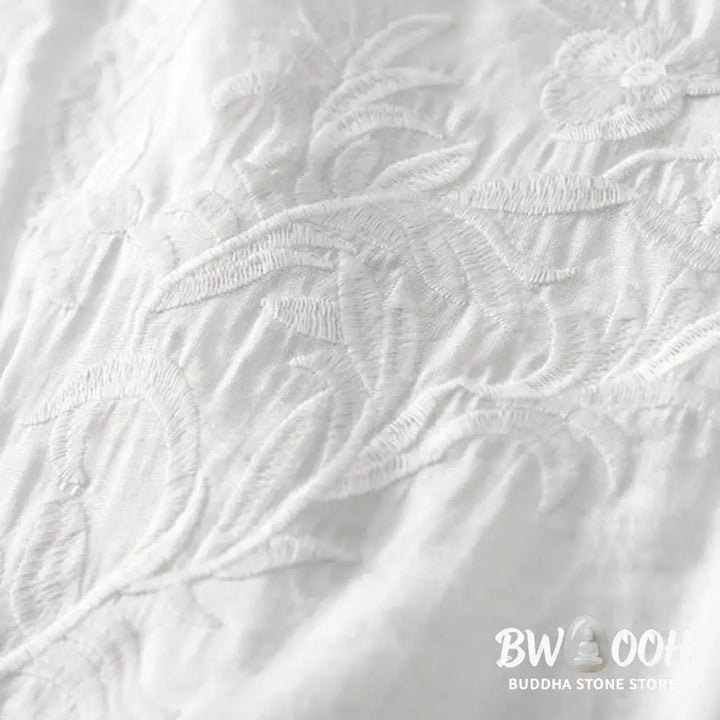 Buddha Stones Summer White Pure Color Embroidery Leaf Flower V-Neck Short Sleeve Midi Dress With Pockets - Midi Dress