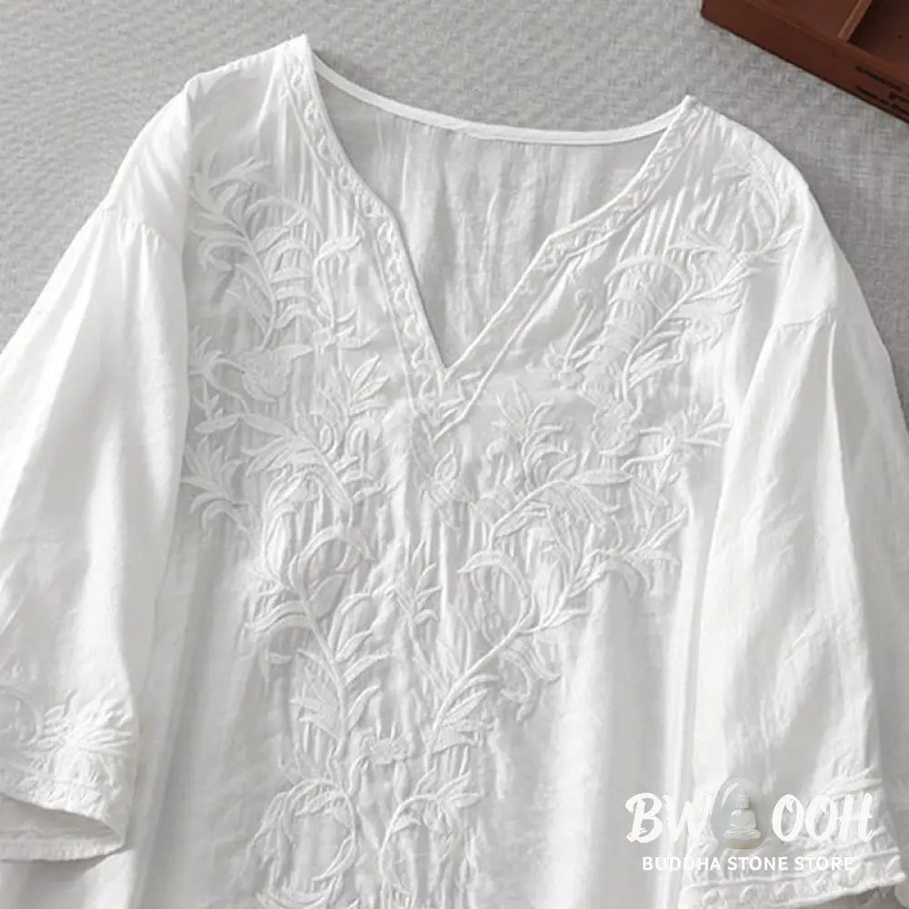 Buddha Stones Summer White Pure Color Embroidery Leaf Flower V-Neck Short Sleeve Midi Dress With Pockets - Midi Dress